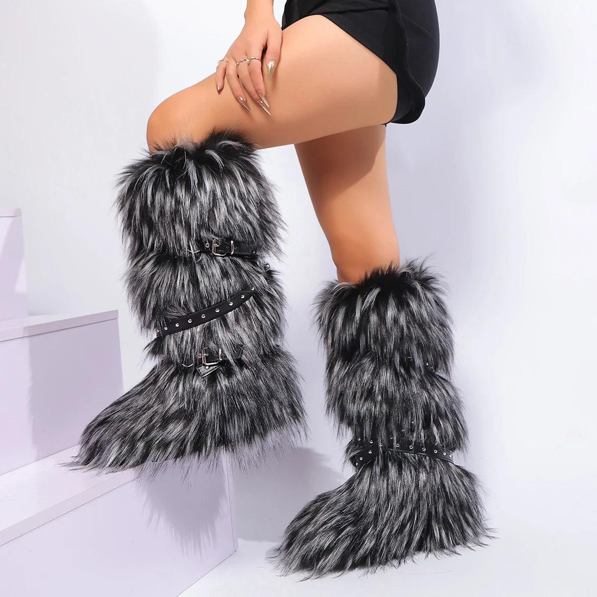 Winter Boots Women Faux Fur Snow Boots Warm Platform Long Boots Cute Plush Over Knee High Boots Y2K Girls Outdoor Furry Shoes